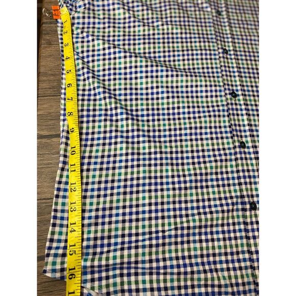 Butter Cloth Shirt Mens L Blue White Green Slim Plaid Button Long Sleeve Stretch - Picture 8 of 11